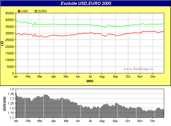 grafic evolutie curs BNR Euro,USD 2005